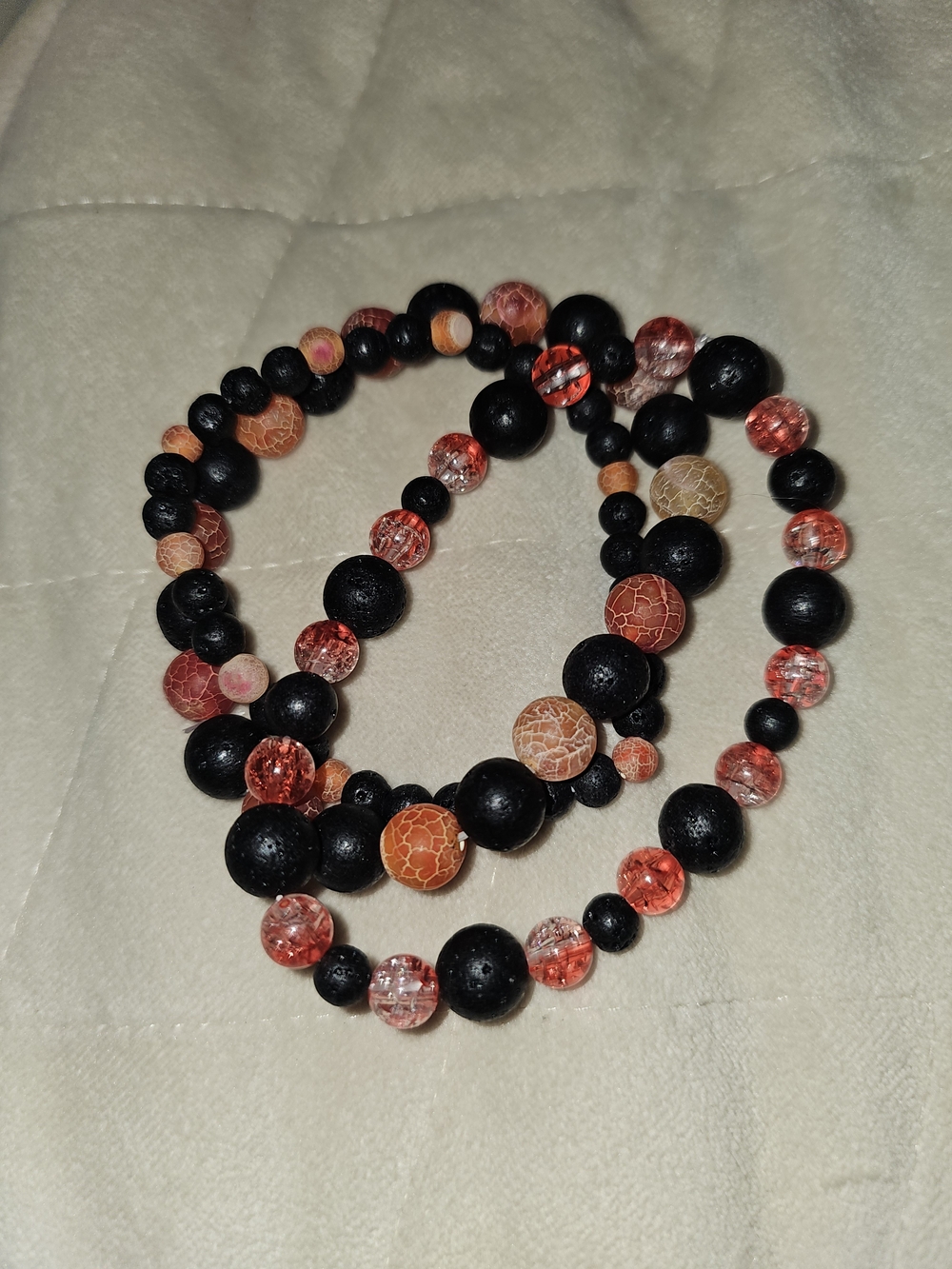 Handmade Black and Orange Beaded Stretch Bracelet Set